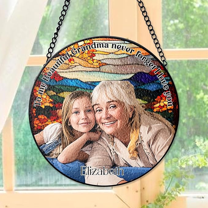NAZENTI Personalized Stained Glass Window Hanging Gifts for Grandma, Custom Photo Family Window Hanging Ornament, Grandma and Grandkids Portrait Faux Stained Glass, Gifts for Mothers Day, Birthday