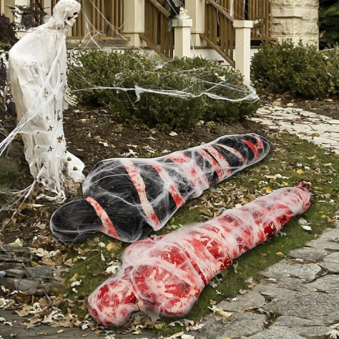 2 Sets Halloween Hanging Cocoon Corpse, 64'' Bloody Inflatable Cocoon Outdoor Decoration Set with Bandage, Scary Dead Body Prop Decor for Outdoor Halloween Party House Yard (Black,Red)