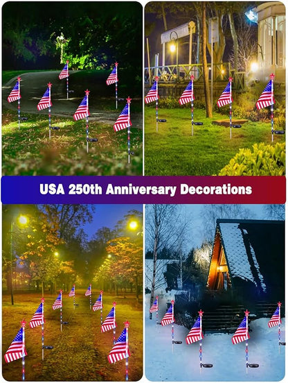 10 Pack Solar American Flag Lights Outdoor, 4th of July Decorations Outdoor, Waterproof Solar Flag Patriotic Lights for Yard, Garden, Pathway, Independence Day, 250th Anniversary (Red White and Blue)