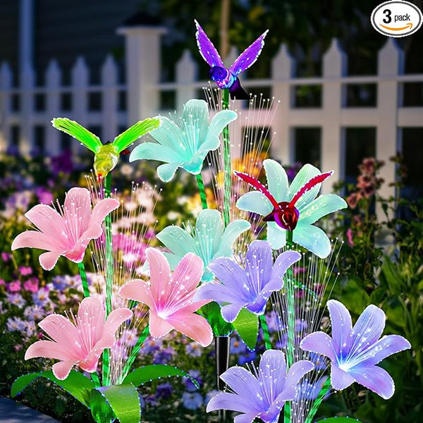 Solar Lights Outdoor Decorative, Upgraded 3 Pack Flowers with 7 Color Changing Lilies and 3 Hummingbird, Brighter Waterproof Garden Decor for Yard Lawn Pathway, Mom Women Grandma