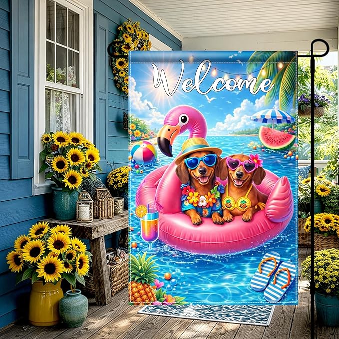 BlissYard Welcome Flamingo Pool Dog Garden Flag 12x18 Double Sided Vertical Outdoor Decor Labrador Retriever Summer Poolside Yard Garden Lawn Banner Bright Seasonal Display