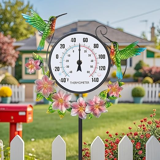 Outdoor Indoor Wall Thermometer with Hummingbird Metal Stake Outside Waterproof Decorative Temperature for Lawn Yard Pathway Patio No Batteries Required