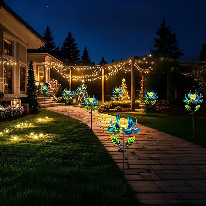 Solar Wind Spinner Outdoor Metal - Kinetic Lotus Flower Garden Sculptures & Spinners with Crackle Glass Lighting, 360° Spinning Yard Art Decor for Patio, Lawn, Pathway, Gifts for Women