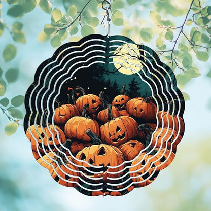 Halloween Pumpkin Moon Wind Spinners Outdoor, Hanging Wind Spinner for Garden Decoration, 8 inch 3D Stainless Steel Metal Wind Sculpture for Indoor/Outdoor Decor