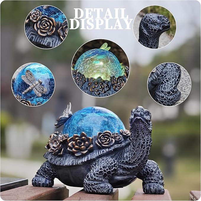 Outdoor Turtle Statue – Resin Animal Figurine with Blue Crystal Solar Lights,Golden Succulent Accents & Dragonfly Decor, Cute Garden Ornament, Yard Art for Lawn, Patio,Mom Wife Unique Gifts