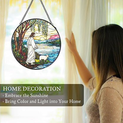 Jesus and Lamb Stained Glass Window Hanging Suncatcher, Christian Willow Tree Sun Catcher Indoor Window Decor, Religious Painted Glass Round Wall Hanging Decorations, 7.8x7.8 in