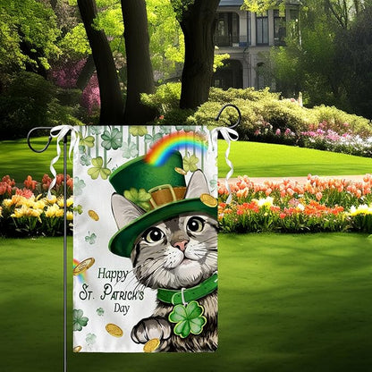 Happy St Patrick's Day Garden Flag Cat with Green Hat Shamrock Yard Flag Shamrock Clover Rainbow Burlap Garden Flags for Irish Spring Farmhouse Patrick Holiday Outdoor Double Sided 12x18 Inch