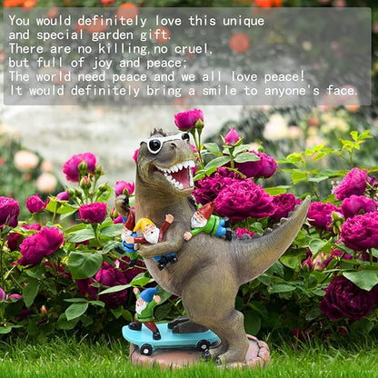 Garden Statue Outdoor Decoration, Cool Dinosaur Play Skateboard with Gnomes Figurines, Indoor Outdoor Decor Art for Patio Lawn Yard, Housewarming Garden Gift…