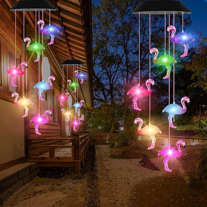 Solar Wind Chimes Flamingo,Birthday Gifts for Mom Grandma Dad, IP65 Waterproof Memorial with 7 Color Changing LED Lights, Outdoor Decor Garden Yard Decorations
