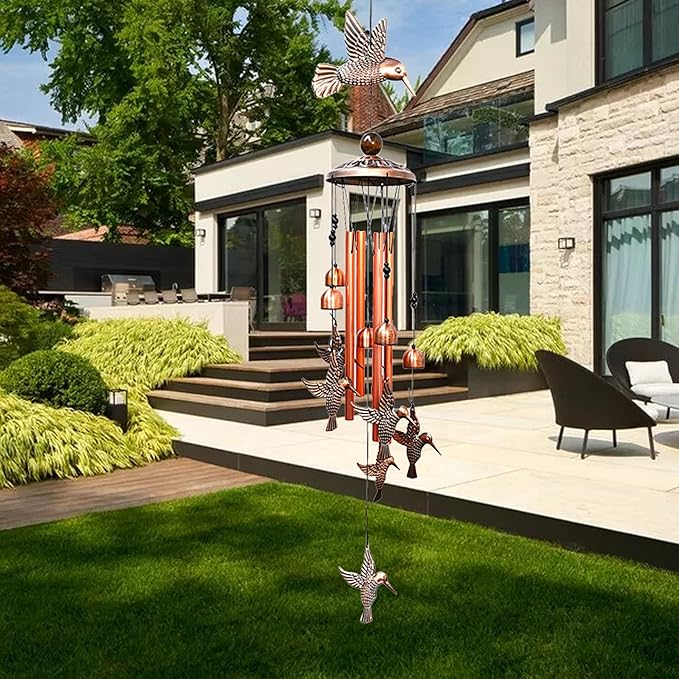 Hummingbird Wind Chimes Outdoor Indoor Decor, with 4 Aluminum Tubes 6 Bells 7 Hummingbirds, Mobile Wind Catcher, Memorial Windchimes for Home, Xmas Mom Gifts, Festival, Balcony, Garden Decoration