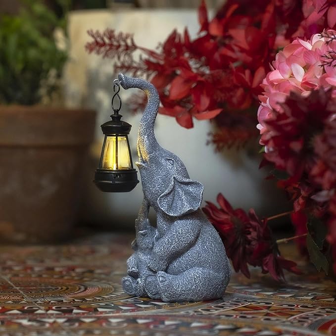 Solar Garden Outdoor Statues Elephants Decors Figurine Light, Lawn Decor Elephants Statue for Patio, Balcony, Yard Ornament, Chrismtas Gifts for Women Mom Grandma