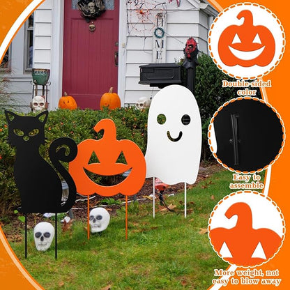3 Pack Halloween Decorations Outdoor Metal Halloween Garden Stakes Metal Ghost Pumpkins Black Cat Yard Signs Decor for Outside Garden Lawn Porch Patio Party Decorations(Mixed Style)