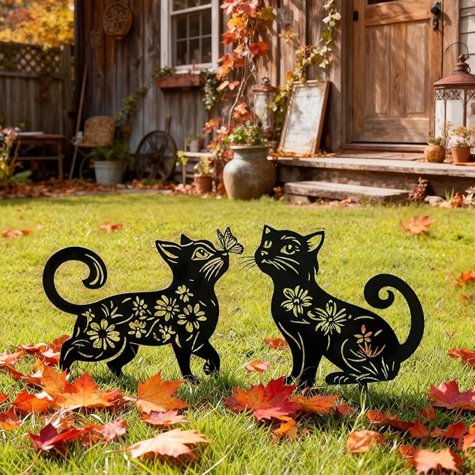 Metal Cat Garden Decor for Outside (2 Pack), 14 Inch Yard Art Stakes,Unique Cat Gifts for Kitty Lovers, Outdoor Lawn Statues and Weather Resistant Yard Art