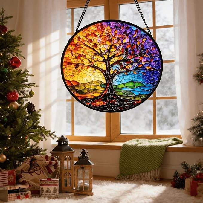 Sun Catcher Stain Glass,Colorful Tree of Life Suncatcher Stained Glass Decor for Window Hanging, Gardening Gifts for Women with 9.8 Inch