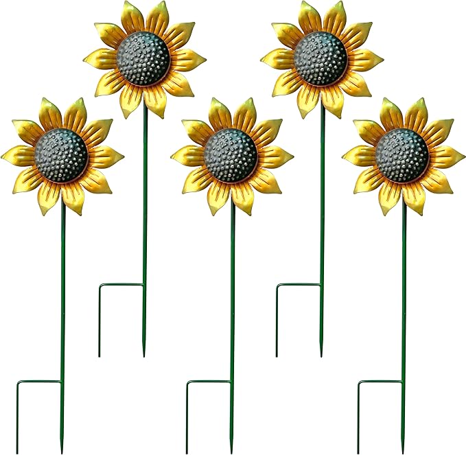 Metal Sunflower Flower Garden Stakes, Wind Catcher Spinner Garden Stakes, Garden Windmill Stakes Outdoor Wind Catchers, Yard Decor Stakes, Set of 5