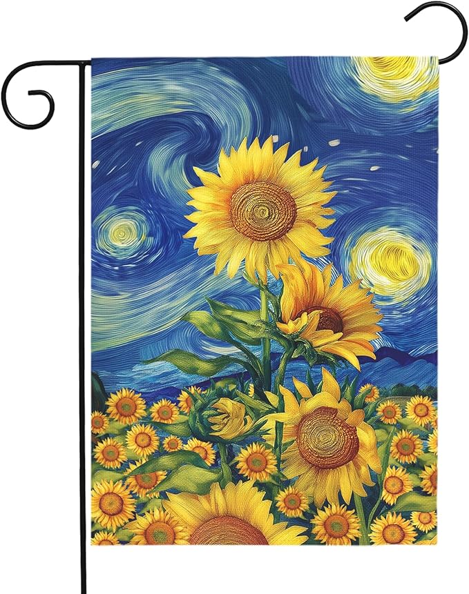 Sunflower Garden Flag Spring Summer Sunflowers Yard Flags Vibrant Van Gogh Starry Sky House Banners Double Sided Rustic Farmhouse Floral Banner for Porch Patio Landscape Decor 12 x 18 Inch