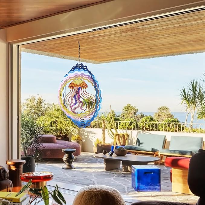 AITENISEN Jellyfish Wind Spinners, 12 inch 3D Stainless Steel Hanging Wind Spinner, Kinetic Sculpture, Blue, Marine Life, Garden Decor