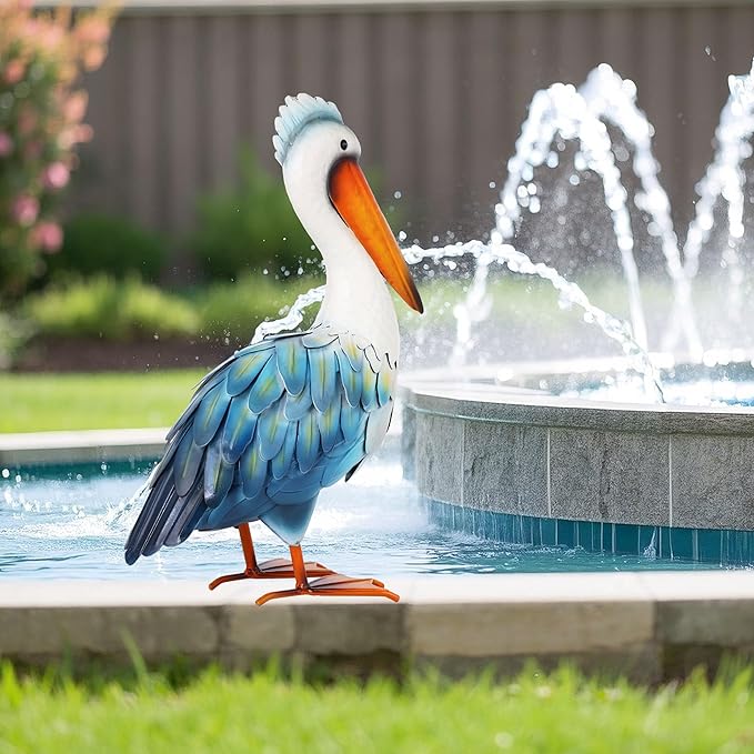 Ratuor Pelican Statues Metal Garden Decor Coastal Blue Heron Yard Art Sculpture Ornament for Backyard Porch Patio Pond Decor