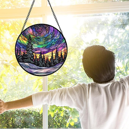DASTOLL Stained Glass Window Hanging, Van Gogh Night Scene Sun Catchers Colorful Glass Panel Starry Sky Suncatcher Decor for Birthday for Women, Men, Wife, Aunt, and Mom 11.8x11.8 in