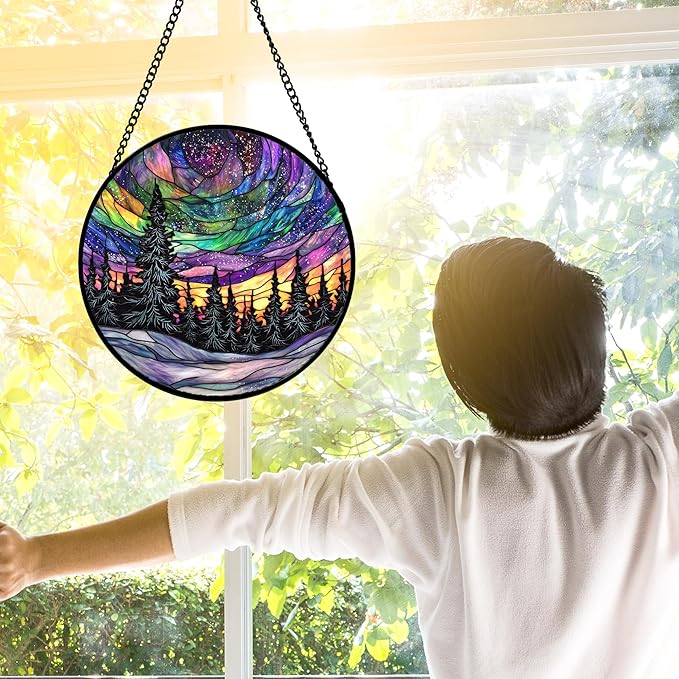 DASTOLL Stained Glass Window Hanging, Van Gogh Night Scene Sun Catchers Colorful Glass Panel Starry Sky Suncatcher Decor for Birthday for Women, Men, Wife, Aunt, and Mom 9.8 in