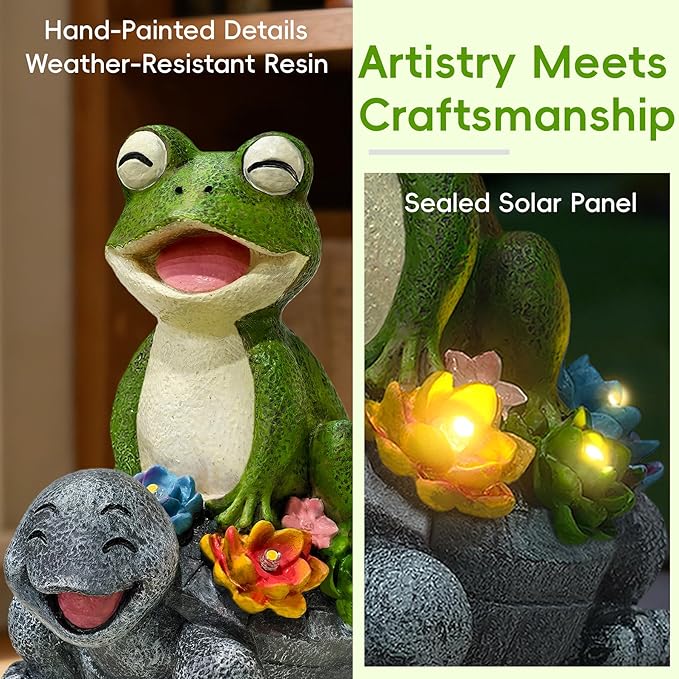 Solar Garden Statues, Cute Smiling Animal Outdoor Decor with 8 Bright LED Lights for Patio Yard Balcony Perfect Mother‘s Day Birthday Housewarming Garden Gift (Green Frog - Stone colored Turtle)