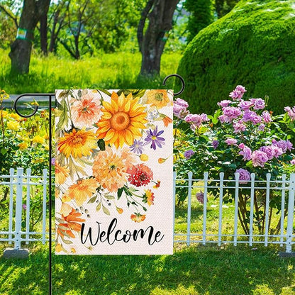 Artofy Welcome Spring Summer Flower Small Decorative Garden Flag, Watercolor Sunflower Daisy Floral Yard Lawn Outside Decor, Seasonal Burlap Outdoor Home Decoration Double Sided 12 x 18