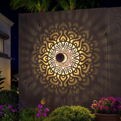 Solar Fence Lights 2 Pack Outdoor Deck Step Wall Lights Metal Waterproof LED Warm Yellow Light for Garden Post Patio Backyard Yard Decor (Mandala-3, 2)