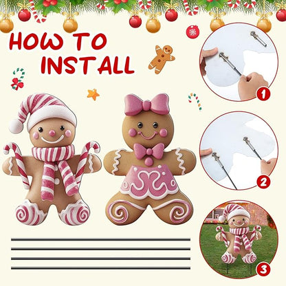 2 Pack Christmas Yard Stakes Metal Stakes 3D Boy and Girl Yard Sign Christmas Outdoor Decorations for Outside Holiday Xmas Winter Ornament Lawn Pathway(Pink Gingerbread Man Couple)