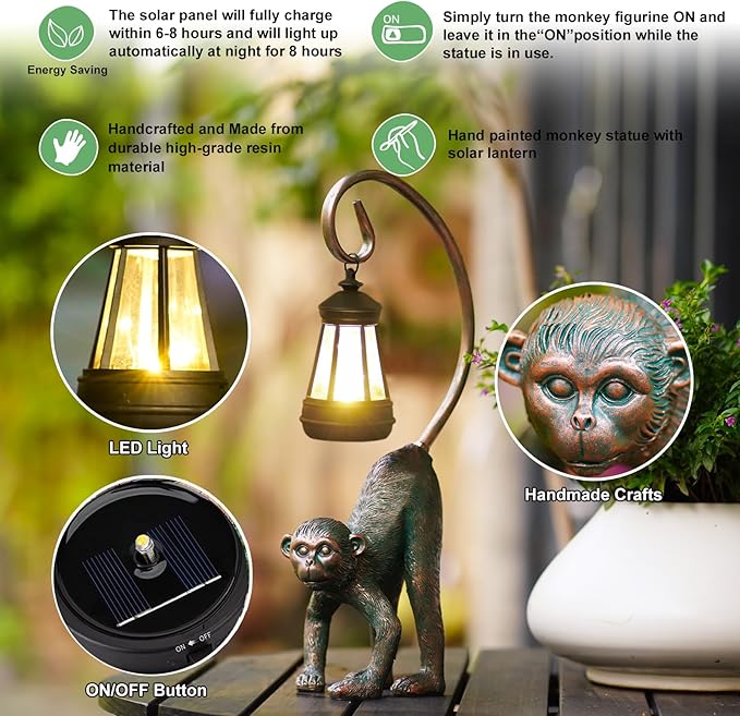Nacome Solar Monkey Statues for Outdoor Decor: Chimpanzee Sculptures for Home Office Desk Shelf Garden Decor Clearance Outside Lawn Patio/Balcony/Front/Yard Art – Unique Gifts