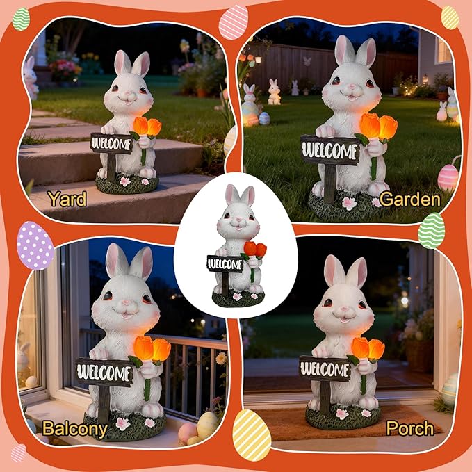 BeePeep Solar Easter Rabbit Garden Statue with LED Lights - Waterproof Resin Bunny Figurine Outdoor Decor for Yard, Patio & Lawn - Unique Hand-Painted Birthday, for Mom & Grandma (9 Inch)