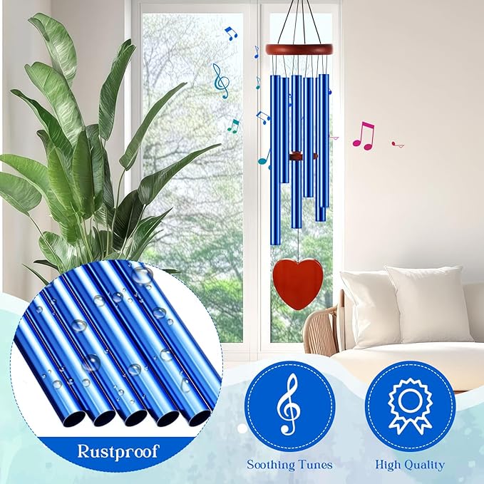 Leinuosen Wind Chimes for Outside Wind Chimes Outdoors Deep Tones 28" with 6 Aluminum Tubes Memorial Sympathy Windchime for Valentine Tree Decor Garden Courtyard Mom Loved One Gifts(Heart,Blue)