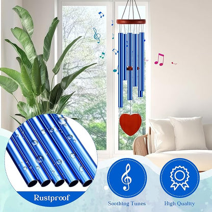 Leinuosen Wind Chimes for Outside Wind Chimes Outdoors Deep Tones 28" with 6 Aluminum Tubes Memorial Sympathy Windchime for Valentine Tree Decor Garden Courtyard Mom Loved One Gifts(Heart,Blue)