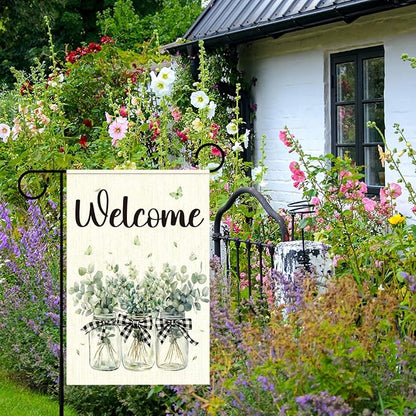 Welcome Garden Flags for Outside,Eucalyptus Mason Jar Spring Yard Flag for Lawn Porch Outdoor Decorations 12x18 Inch Double Sided