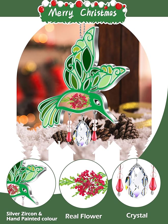 KY&BOSAM Hummingbird Suncatcher Crystal Colorful Rainbow Prisms Sun Catchers for Windows Hangings Wind Chimes Ornaments with Pressed Flower and Metal Charms Gifts for Mom Mothers Day Christmas Decor