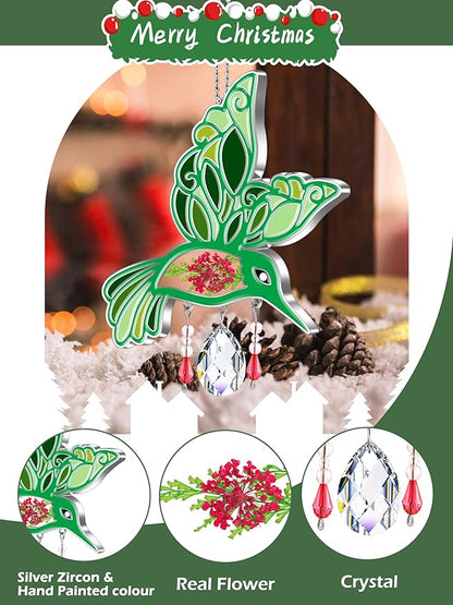 KY&BOSAM Hummingbird Suncatcher Crystal Colorful Rainbow Prisms Sun Catchers for Windows Hangings Wind Chimes Ornaments with Pressed Flower and Metal Charms Gifts for Mom Mothers Day Christmas Decor