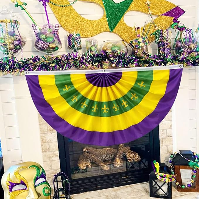 4Pack Graduation Decorations & Mardi Gras 2x4Ft Bunting Flag Purple Green Gold Bunting Banner Party Decor for Fence Porch Outdoor, Class of 2026 Graduation Party Supplies