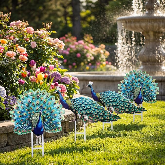 Riakrum 4 Pcs Metal Peacock Statue Garden Decor Outdoor Metallic Peacock Tail Spread Yard Lawn Decoration Housewarming Birthday Gifts for Patio, Lawn, or Entryway, Multicolor