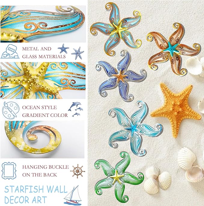 Starfish Coastal Wall Decor Art, Starfish Beach Theme Bathroom Decor for Bedroom House Home, 12" Hanging Glass Sculpture, Beach Wall Art Ocean Gifts for Women & Men (Blue)