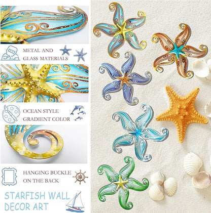 Starfish Coastal Wall Decor Art, Starfish Beach Theme Bathroom Decor for Bedroom House Home, 12" Hanging Glass Sculpture, Beach Wall Art Ocean Gifts for Women & Men (Blue)