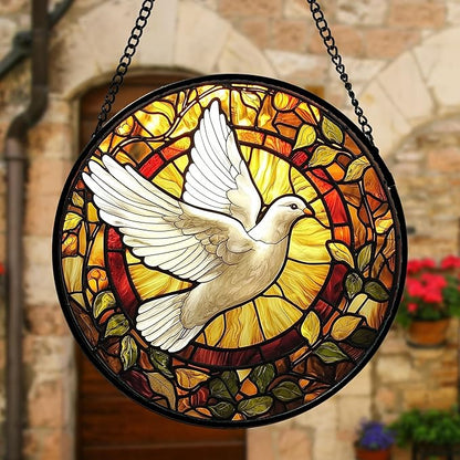 DASTOLL Stained Glass Window Hanging, Flying White Dove Sun Catchers Diamond Glass Panel Hangings Cute Birds Suncatcher Decor for Birthday for Women, Men, Wife, Aunt,and Mom 7.8X7.8IN