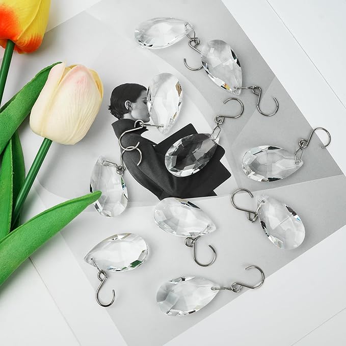 10pcs Crystal Sun Catcher, 38mm Hanging Clear Teardrops Chandelier Crystals Parts Prisms Pendants with Hook for Windows Lamps Christmas Ornaments Crystal Tree Decorations Home Decor (Clear)