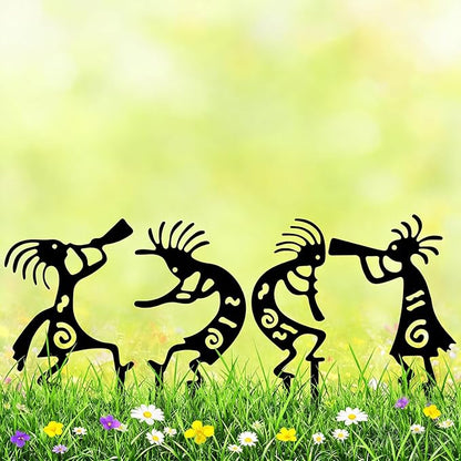 4 Piece Kokopelli Metal Garden Stakes - Native American-Inspired Southwestern Yard Art, Rustic Outdoor Decor for Lawn, Patio, Garden Pathway; Fade-Resistant Ornaments for Thanksgiving Day