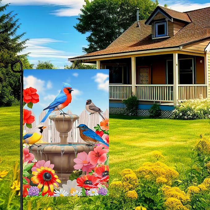 Summer Birdbath Gathering Garden Flag Birds Floral Yard Flag Double Side Polyester Colorful Flowers Garden Flags 12x18 Inch for Outdoor House Banner Decoration