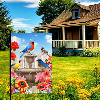 Summer Birdbath Gathering Garden Flag Birds Floral Yard Flag Double Side Polyester Colorful Flowers Garden Flags 12x18 Inch for Outdoor House Banner Decoration