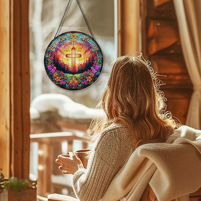 Christian Cross Suncatcher Garden Stained Glass Window Hanging, Christian Flower Sunset Sun Catchers Indoor Window Glass Round Wall Decor, Religious Wall Art Hanging Decorations, ＂7.8x7.8＂