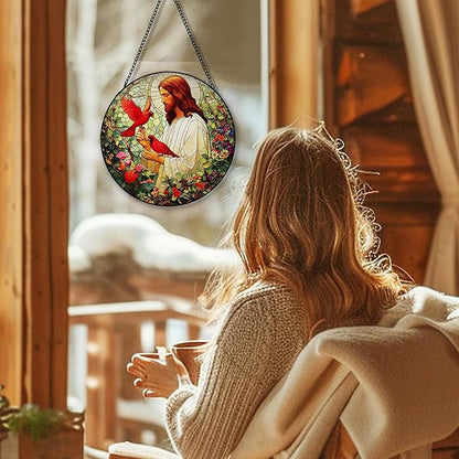Jesus Cardinal Suncatcher Stained Glass Window Hanging, Christian Jesus Cardinal Flower Sun Catchers Indoor Window Glass Round Wall Decor, Religious Wall Art Hanging Decorations, 7.8＂x7.8＂