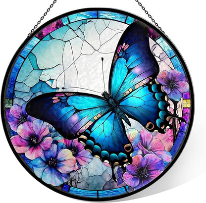 Butterfly Stained Glass Window Hanging - 7.9'' Handmade Sun Catcher Floral Garden Decor, Colorful Glass Panel Crystal Butterfly Wall Art for Home Windows - Birthday Gifts for Women, Mom, Nature Lovers