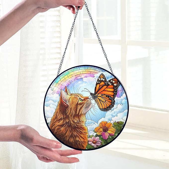 Orange Cat Stained Glass Suncatcher, Butterfly Orange Cat Lovers Gifts Window Hanging Garden Decor, Memorial Pet Loss Sympathy Gift Christmas Birthday for Grandma, Friends, Women