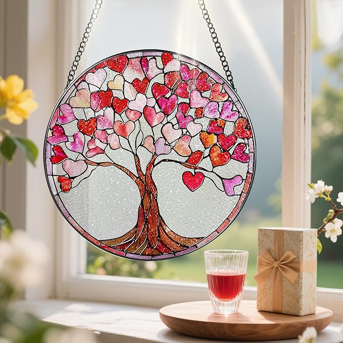 Stained Glass Window Hanging - 8 in Heart Sun Catchers Indoor Window - Suncatcher Decor for Valentine for Women, Her, Wife, Couple, Girlfriend - Mother's Day, Anniversary, Christmas, Birthday Gifts