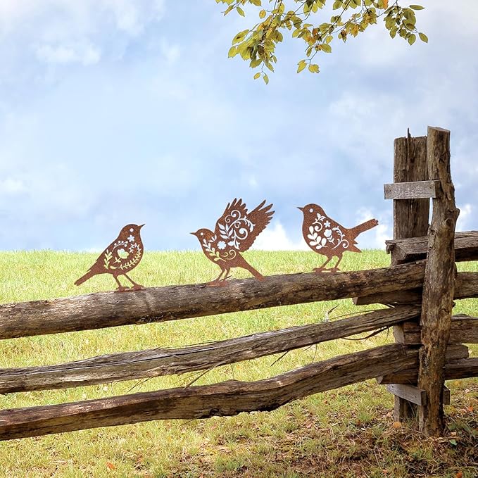Pigort Metal Birds Fence Decoration,Yard and Garden Decor, Backyard Craft Statue Ornaments - Garden Sculptures and Yard Art